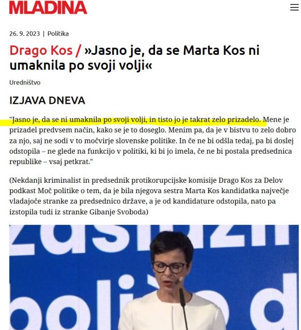 Izjava dneva Draga Kosa na spletni Mladini o tem, da je bila njegova sestra umaknjena