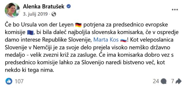 Ministrica Alenka Bratušek, nesojena slovenska komisarka leta 2014,  je že leta 2019 špekulirala, da je morda prišel čas za Marto Kos 