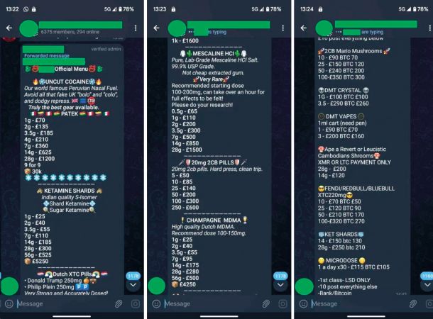 Platforma Telegram je tarča kritik in preiskav med drugim tudi zato, ker se je na njej vzpostavil trg s prepovedanimi drogami: trije posnetki zaslona denimo prikazujejo podroben cenik, na voljo je vse, od kokaina do MDMA. 
