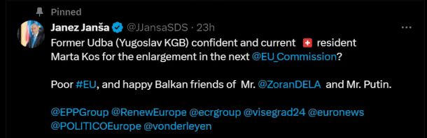 Janšev odziv, ko je postalo jasno, da naj bi Marta Kos postala komisarka za širitev, je bil oster – evropsko javnost je obvestil, da gre za nekdanjo »udbovko«. 