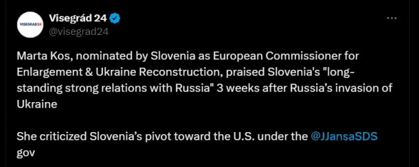 Višegrad24, medij, ki združuje idejne sopotnike madžarskega premiera Viktorja Orbána, Marti Kos očita, da naj bi imela proruska stališča. No, bolj proruska stališča ima gotovo Orbán.