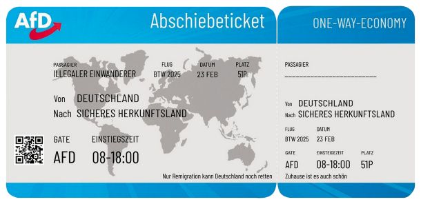 Enosmerna letalska vozovnica za vrnitev migrantov in drugih nezaželenih »tujcev« v »domovino«, ki jo deli AfD po Nemčiji danes