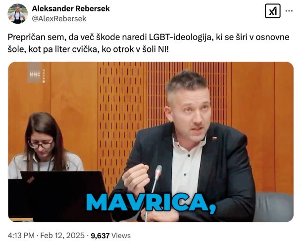 Aleksander Reberšek (NSi) svari, da je dosti bolj kot cviček v šoli škodljiva mavrica 