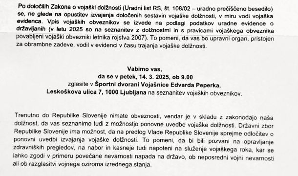 Prijazno pismo ministrstva za obrambo in povabilo na »seznanitev vojaških obveznikov«